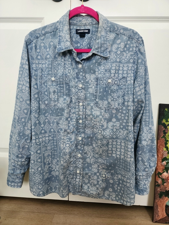 Lands' End Tops - Lands End Denim Shirt L Petite Paisley Bandana Print Oversized Western Boho